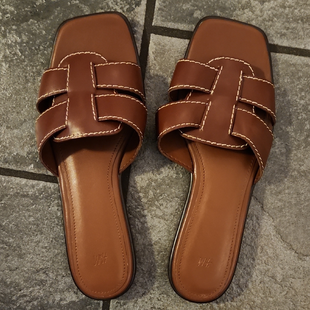 H&M Brown Leather Sandals with H-Cutout Design